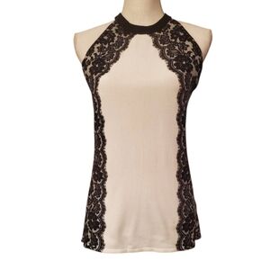 White House Black Market Sleeveless Halter Sweater Ecru Black Lace Design Size M